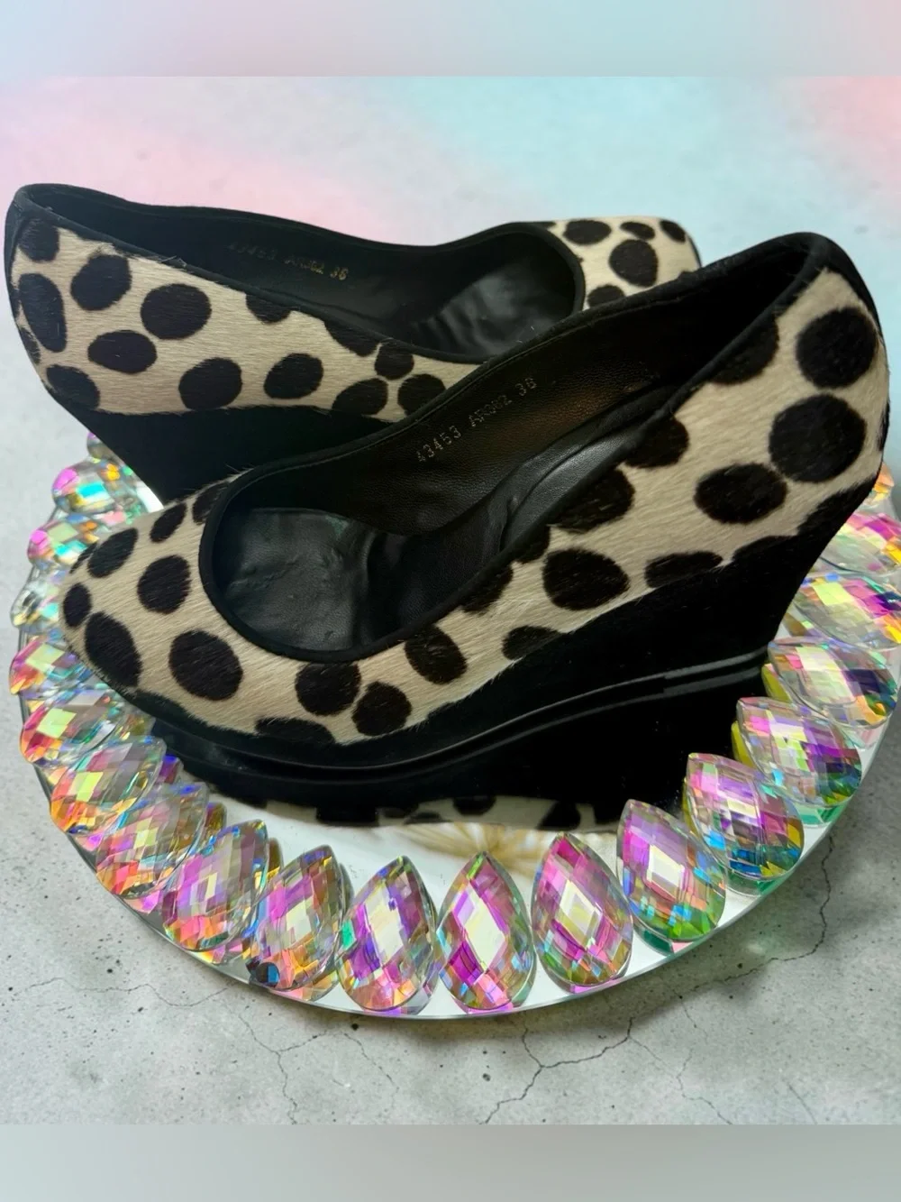 Boden Women’s Calf Hair Polka Dot Wedge Pumps Black Ivory EU 36 US 6